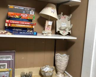 Vintage games, Ballerina Lamp, Lamp Shade, Books, Ceramic Vase, Candy Dish and Ashtray Set, Pictures, Brass Sconces and other items 