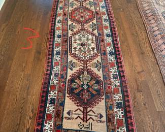 Vintage Persian long runner/rug. Red, blue, white, beige pattern