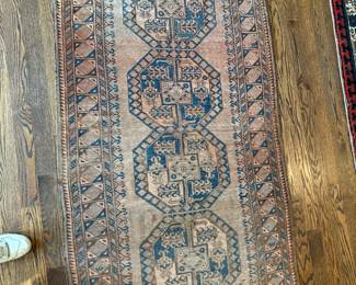 Vintage hand knotted rug, beige, blue, taupe geometric pattern