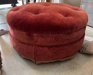 Button tufted full skirted ottoman on wheels
