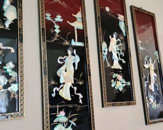 Antique Chinese Mother Of Pearl, Black Lacquer 4 Panels Wall Decor