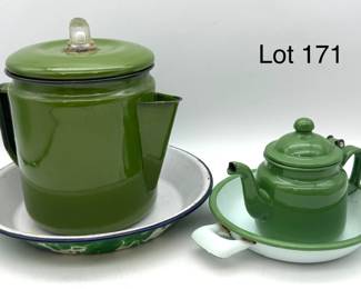 Four Pieces of Vintage Green Enamelware