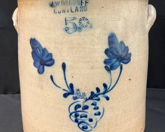 19th Century Woodruff Cortland 5-Gallon Glazed Stoneware Crock W/ Cobalt Blue Decoration