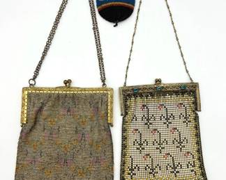 Whiting Davis Art Deco Mesh Handbag Together With Two Victorian Beaded Handbags