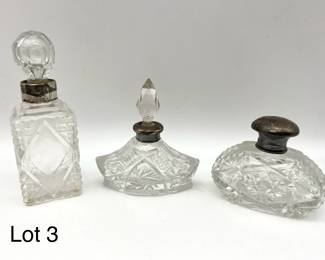 Trio of Antique Crystal Perfume Scent Bottles w/ Sterling Collars