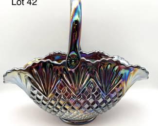 LE Smith Black Amethyst Carnival Glass Pineapple Basket