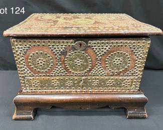 Antique Zanzibar Studded Brass Chest on Pedestal