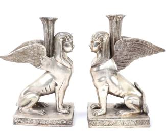 Lot 401 Pair of Silvered Sphynx Candlesticks