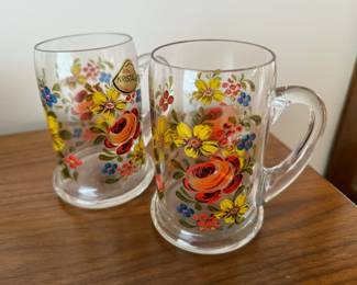 Pair of German Folk Art Floral Painted Crystal Beer Mugs