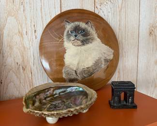 Polished Wood with Cat Portrait by C.M. Pascall, Abalone Shell Trinket Dish, Mini Arc de Triomphe Paris Figurine
