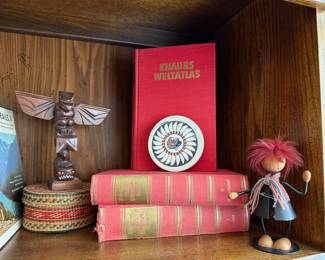 Northwest Coast Thunderbird Totem Pole, German Knaurs Weltatlas Book of Maps, Pair of Hauswirtschaftslehre Books by Eugenie Erlewein, Vargas Southwest Design Sandstone Coaster, German Metal & Wood Figural Figurine