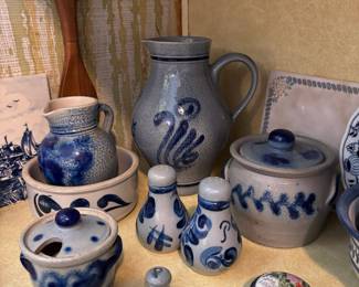 Germany Blue Salt Glaze Stoneware Pitchers, Mustard Jar, Salt & Pepper Shakers, Bean Pot