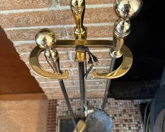 Mid-Century Brass and Iron Fireplace Tool Set