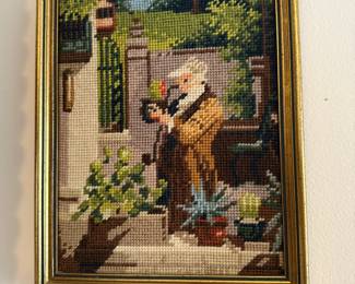 Framed Needlepoint of Gentleman with Cactus
