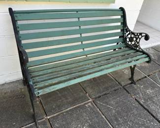 Cast Iron and Green Painted Wood Bench