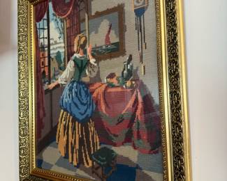 Framed Dutch Woman Looking Out Window Needlepoint