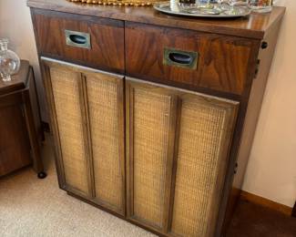 Lane Mid Century Bar Cabinet with Cane Panels & Brass Accents
