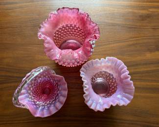 Cranberry Pink.White Opalescent Hobnail Ruffled Glass Vases