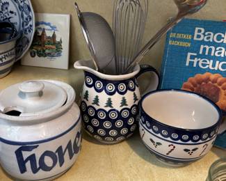 Blue/White Stoneware Honey Jar, Bolesławiec Polish Pottery Pitcher, Soup Mug