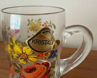 Pair of German Folk Art Floral Painted Crystal Beer Mugs