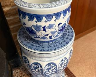 Blue & White Chinoiserie Fishbowl Style Planter, Blue & White Ceramic Garden Stool