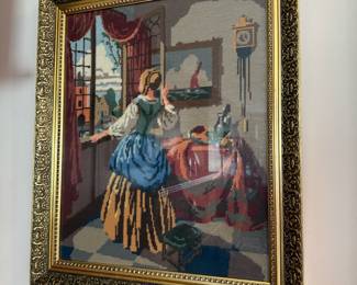 Framed Dutch Woman Looking Out Window Needlepoint