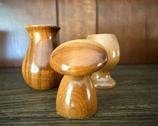 Carved & Polished Wood Mushroom Figurine, Vase & Egg Coddler