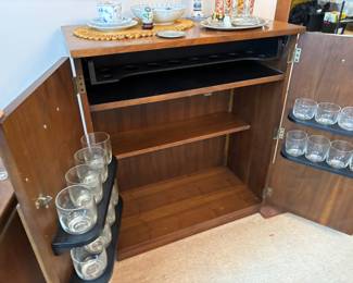 Lane Mid Century Bar Cabinet with Cane Panels & Brass Accents