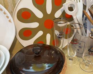 1969 Rubbermaid Mod Style Lazy Susan, Pyrex Amber Glass Lidded Casserole Dish, Warsteiner Pilsner Glass, Henninger Kaiser Pilsner Glass