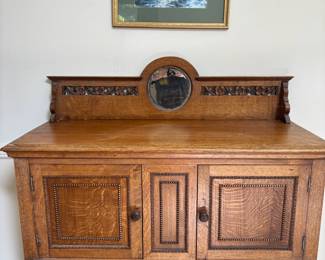 Jacobean Style Tiger Oak Sideboard with Mirrored Back, Framed & Matted Print "Cottage Pond" by Nicky Boehme