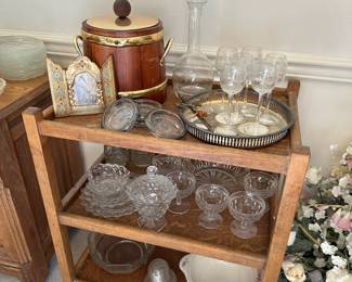 Oak 3 Tier Rolling Bar Cart