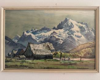 Framed Farm Scene Watercolor Painting by Anne R. Jensen