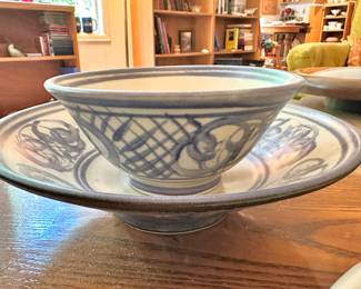 Blue & White Studio Pottery Bowl and Matching Centerpiece Bowl – Signed by Artist