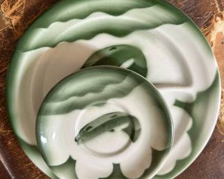 Jackson China Green & White Fish Themed Divided Snack Plate and Saucer