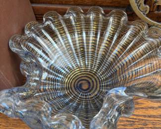 Gold Mist Blue Swirl Art Glass Clam Shape Centerpiece Bowl