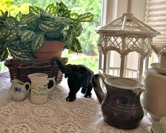 Blue Floral Creamer Pitcher, White Majolica Creamer with Floral Design, White Wicker Lantern