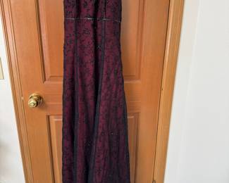 Circa 1990s Betsy & Adam Red Prom Dress with Black Sheer Overlay and Black Beading – Size 8