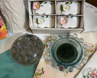 Set of 6 Porcelain Floral Detail Napkin Rings, Glass Flower Frogs