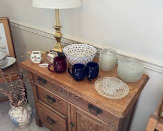 Oak Side Board with Carved Folk Art Design, Brass Candlestick Table Lamp