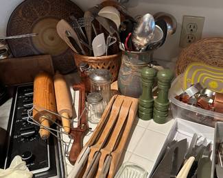 Green Wood Salt Shaker & Pepper Grinder, Assortment of Kitchen Utensils, Rolling Pins, Ekco Flint Carving Knife Set with Block