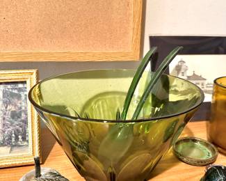 Mid Century Avocado Green Glass Serving Bowl with Sunburst Design, Clear Bubble Glass Apple Paperweight