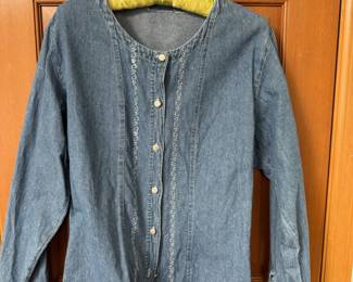 Bill Blass Denim Button Up Shirt with White Embroidered Pattern