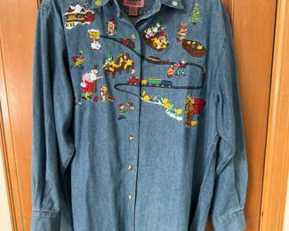 Cambridge Country Store Denim Button Up Long Sleeve with Santa Work Shop Embroidery – Size Large