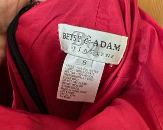 Circa 1990s Betsy & Adam Red Prom Dress with Black Sheer Overlay and Black Beading – Size 8