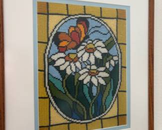 Framed & Matted Floral Stained Glass Needlepoint