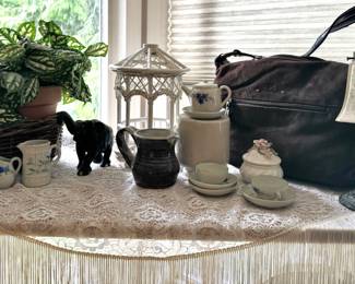 Blue Floral Creamer Pitcher, White Majolica Creamer with Floral Design, White Wicker Lantern, Etched Glass Shade with Butterfly Design Accent Lamp