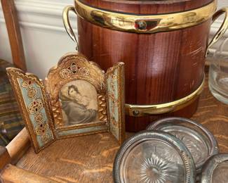 Mid Century Wood & Brass Ice Bucket, Florentine Triptych Madonna Wood Panel Altar Artwork, Starburst Glass Coasters with Silver Tone Metal Edge
