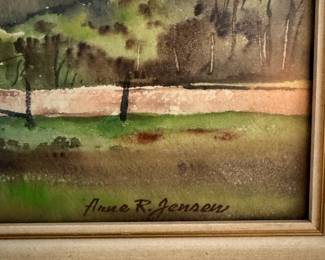 Framed Farm Scene Watercolor Painting by Anne R. Jensen