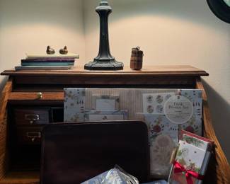 Blue Slag Glass Table Lamp, New Seasons Desk Blotter Set, Oak Roll Top Desk
