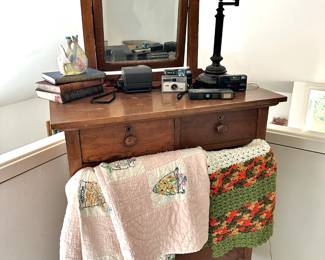 Oak Mission Style Highboy Dresser with Mirror, Ceramic Stork Planter/Vase, United State Flowers Quilt, Bronze Tone Swing Arm Table Lamp with Cream Pleated Shade